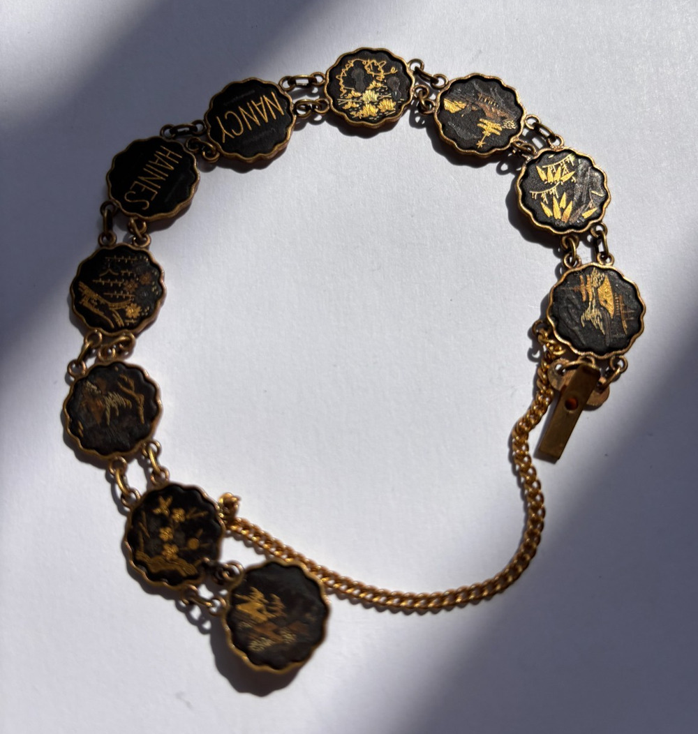 Vintage 1940 Amita Damascene Japanese Bracelet Signed NANCY